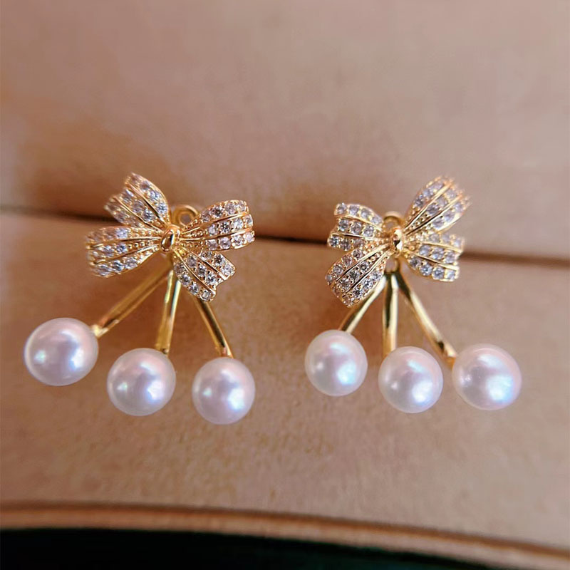BOW DOUBLE WEARING SIX BEADS EARINGS