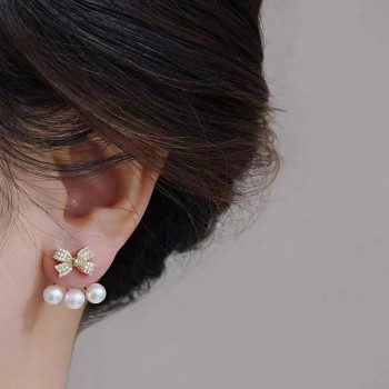BOW DOUBLE WEARING SIX BEADS EARINGS 