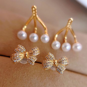 BOW DOUBLE WEARING SIX BEADS EARINGS